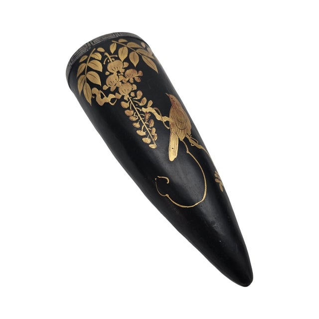 Contemporary Art Deco Tokanabe Style Wall Pocket Vase Black Gilt Bird Floral Decor 9.5" Japan For Sale - Image 3 of 9