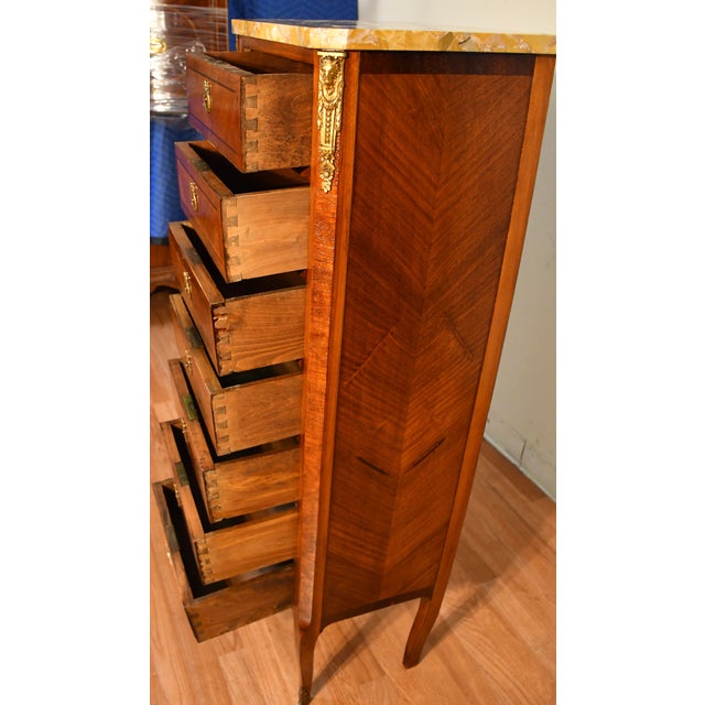 1920s Antique French Louis XV Walnut Satinwood Inlay & Marble Top Lingerie Stand For Sale - Image 11 of 18