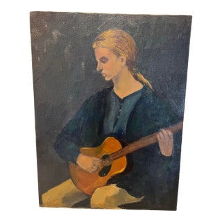 Barbara Lebhar Oil on Canvas Painting of a Young Woman Playing a Guitar Titled Sad Song For Sale