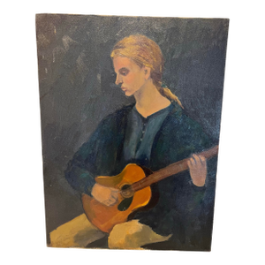 Barbara Lebhar Oil on Canvas Painting of a Young Woman Playing a Guitar Titled Sad Song