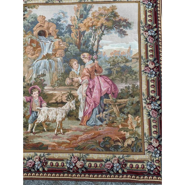 Nice mid-century French Aubusson style tapestry with beautiful gallant scene at the town and beautiful light colors,...
