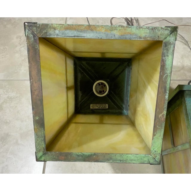 Arts & Crafts Brass Lantern Pendant Light With Art Glass For Sale - Image 9 of 12