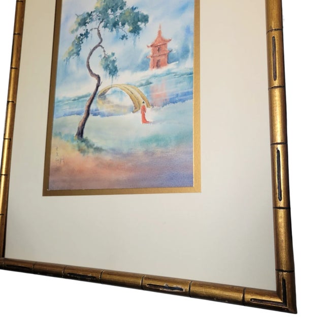 Off-white Vintage Serene Chinese Watercolor Painting - Gilt Bamboo Frame For Sale - Image 8 of 12