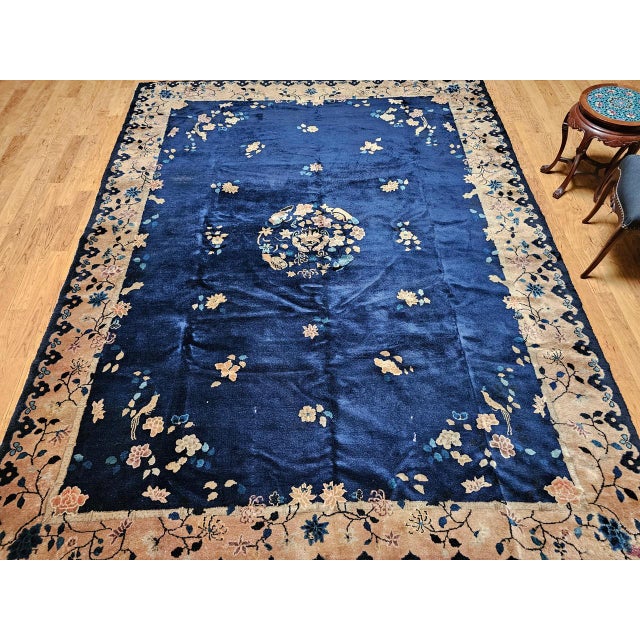 Vintage Room Size Chinese Art Deco Rug, Hand-Knotted Navy Blue, Taupe, 9' x 12' For Sale - Image 10 of 18