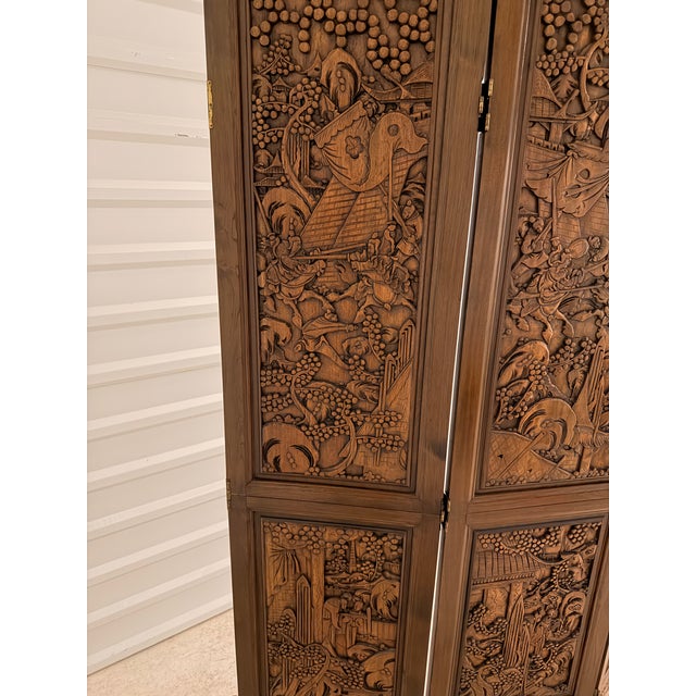 1960s Philippine Hand-Carved Teak Room Divider / Folding Screen For Sale - Image 4 of 12