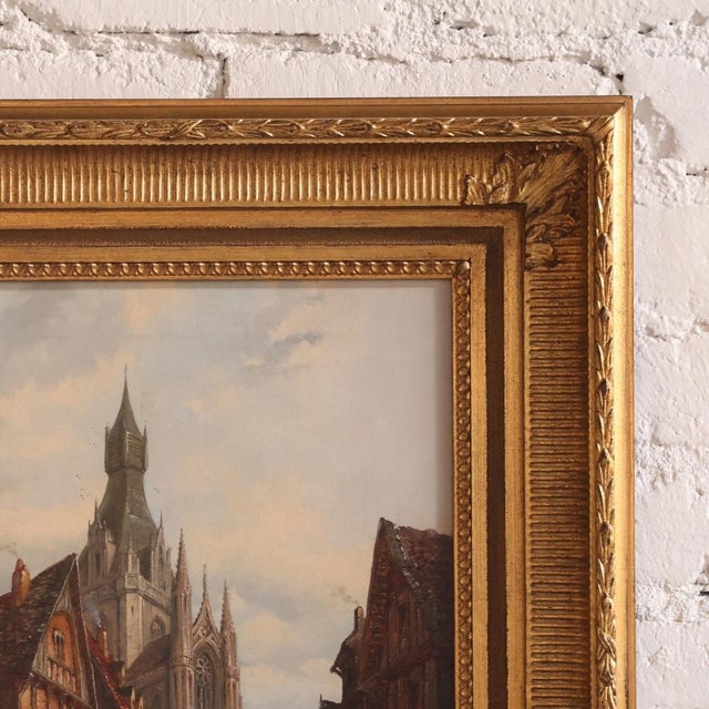 Traditional 1930s Flemish Cathedral Oil Painting on Canvas in Giltwood Frame For Sale - Image 3 of 4