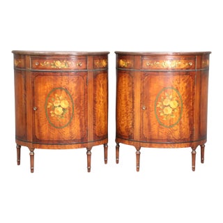 Hand-Painted Adams Walnut Demilune Nightstands Commodes circa 1930s - A Pair For Sale