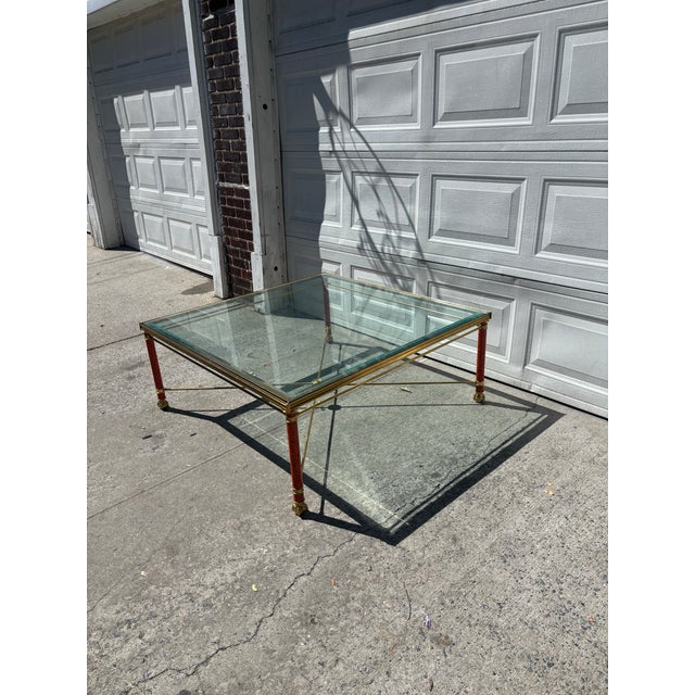 Mid 20th Century Hollywood Regency Neoclassical Brass & Faux Tortoise Bamboo Coffee Table With Glass Top For Sale In New York - Image 6 of 12