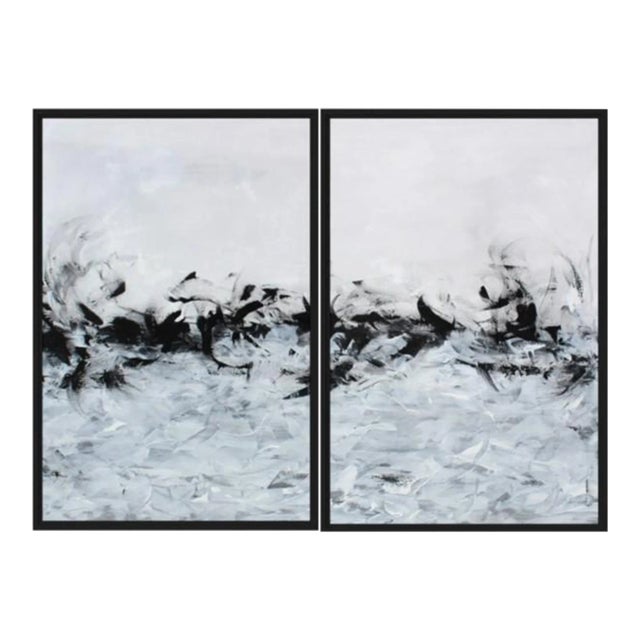 Black White Modern Abstract Framed Canvas Art Print Large Set For Sale
