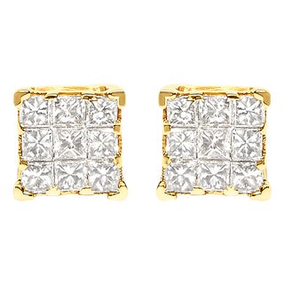 14K Yellow Gold 1/2 Cttw Invisible Set Princess-Cut Diamond 9 Stone Square Stud Earrings (J-K Color, SI2-I1 Clarity) For Sale