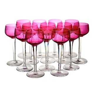 14 Antique Baccarat Attributed Art Nouveau Fuschia Cut Crystal Wine Stems For Sale