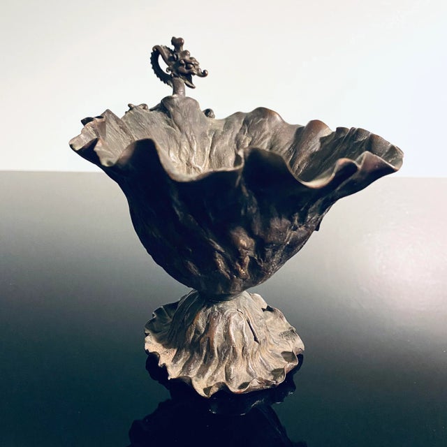 Japanese Meiji Period Bronze lotus leaf sculpted Ikebana vessel with a writhing dragon. This is a great example of the...