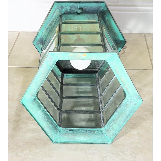 Vintage Solid Brass Hexagonal Hanging Lantern – Verdigris Patina 20”h X 11”w For Sale - Image 11 of 18