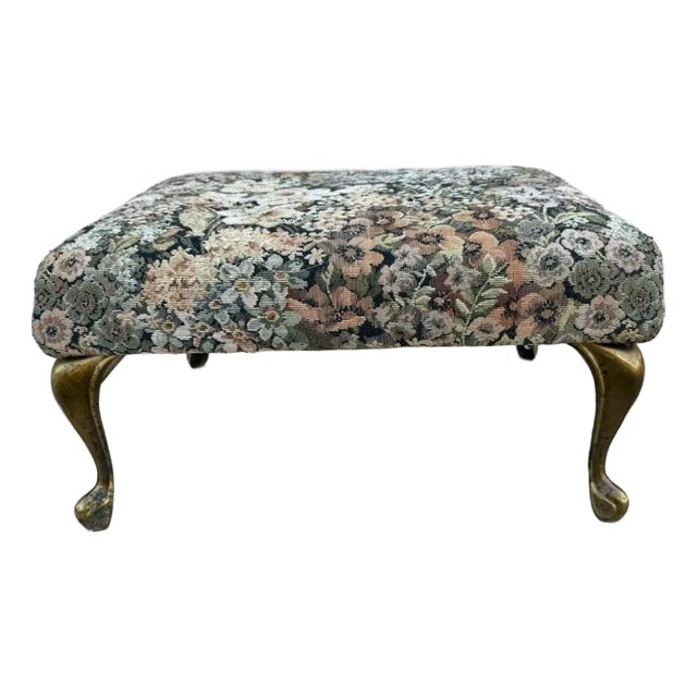 Late 20th Century Vintage Queen Anne Style Stool Floral Upholstered and Brass Color Metal Leg Footstool For Sale