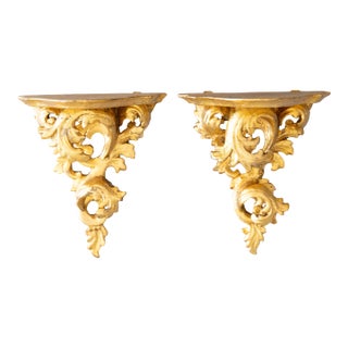 Vintage Italian Rococo Carved Giltwood Wall Brackets Shelves - A Pair For Sale
