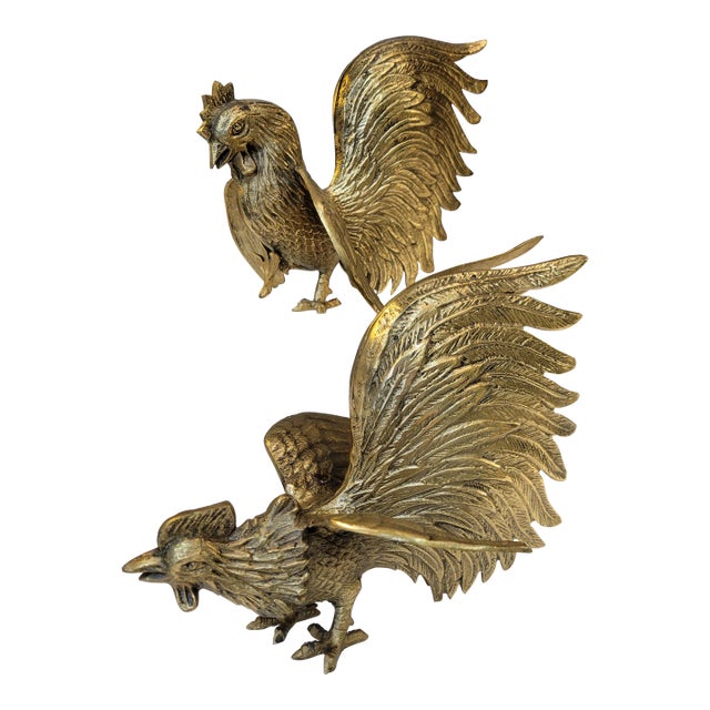 Mid-Century Brass Fighting Rooster- a Pair For Sale