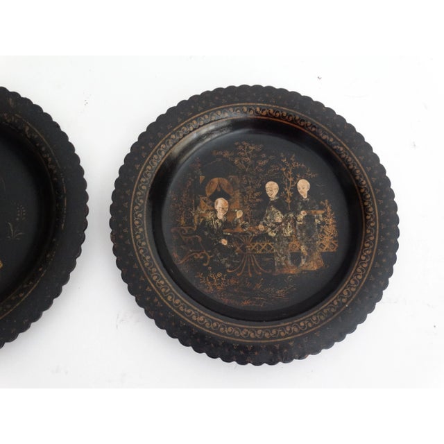 Antique Papier Mache Wine Coasters / Plates, a Pair Hand Painted Gilt For Sale - Image 4 of 6