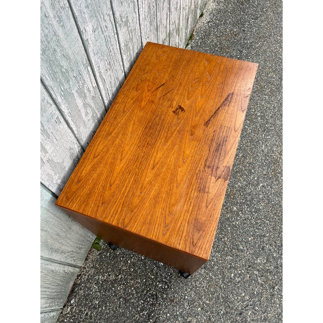 Danish Modern Teak Writing Desk With Finished Back on Castor Wheels For Sale - Image 11 of 13