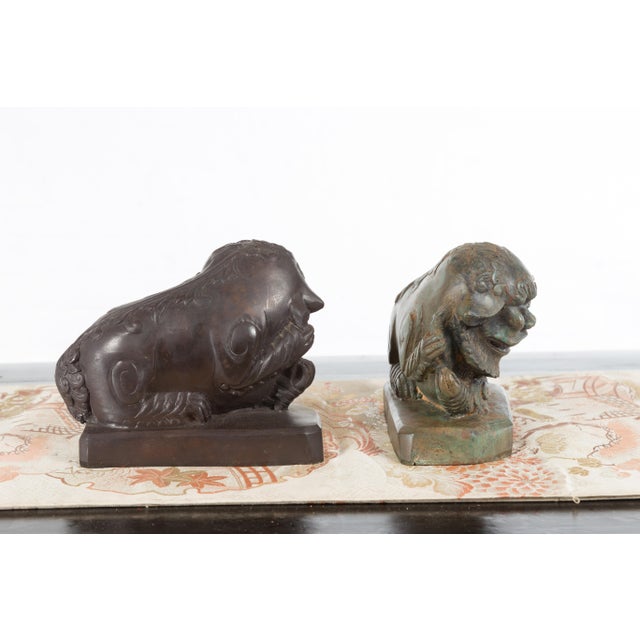 Asian Vintage Lost Wax Cast Bronze Foo Dog Sculptures with Bronze or Verde Patina For Sale - Image 3 of 12