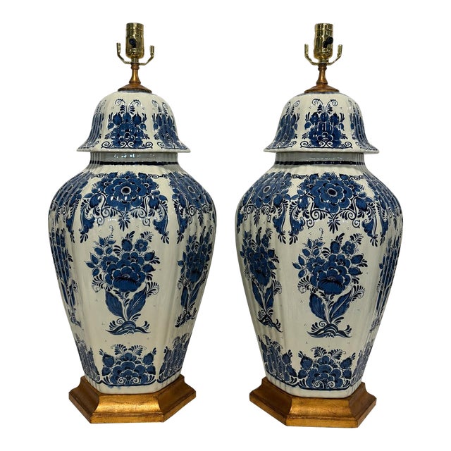 Mid-20th Century Dutch Delft Blue-and-White Ceramic & Giltwood Lamps - a Pair For Sale