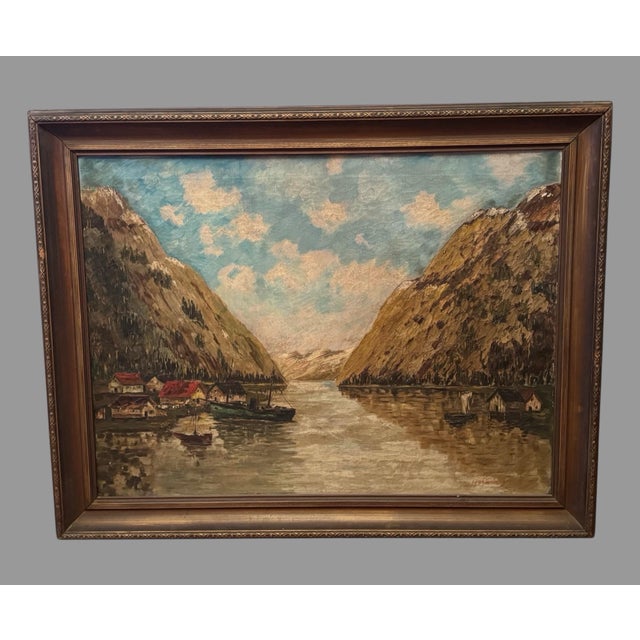Antique Norwegian Seascape Village Oil Painting on Canvas H Lichtenberger For Sale - Image 9 of 11