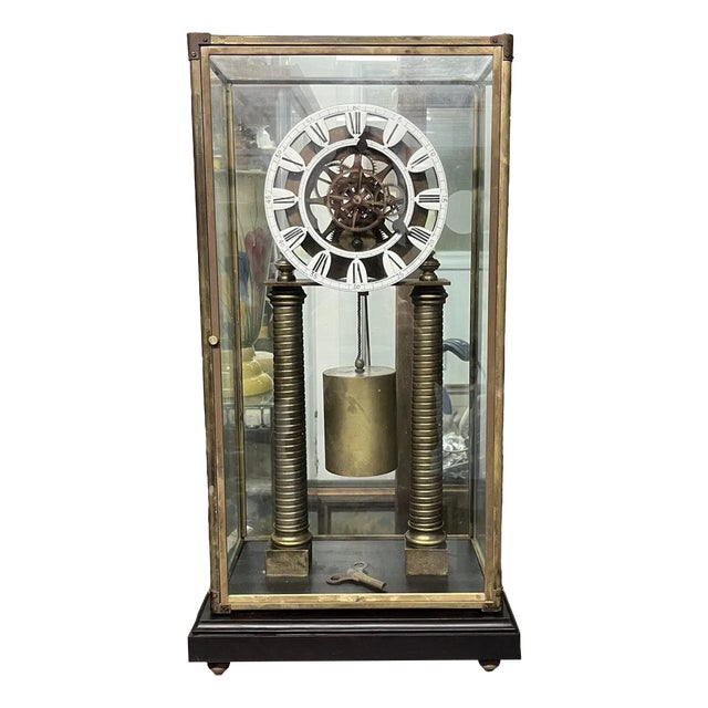 Large Skeleton Clock with Case and Key For Sale