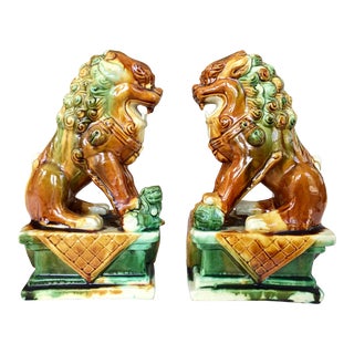 Vintage Mid 20th Century Ceramic Glazed Foo Dog Bookends - a Pair For Sale