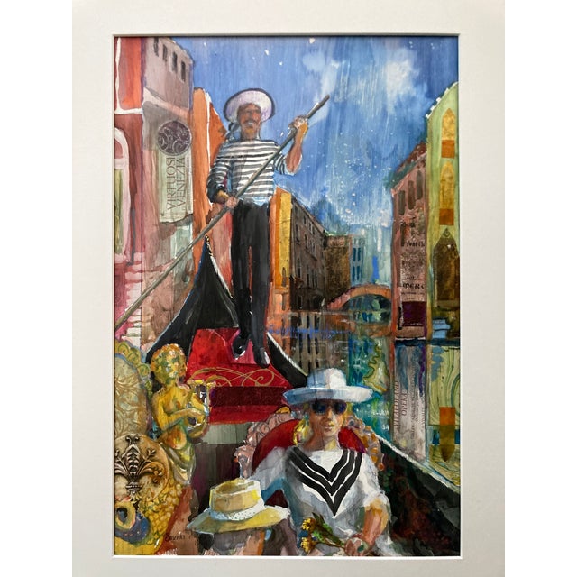 Venetian Canal Gondola Gondolier Scene Contemporary Mixed-Media Painting, Signed, Framed Art For Sale - Image 12 of 12