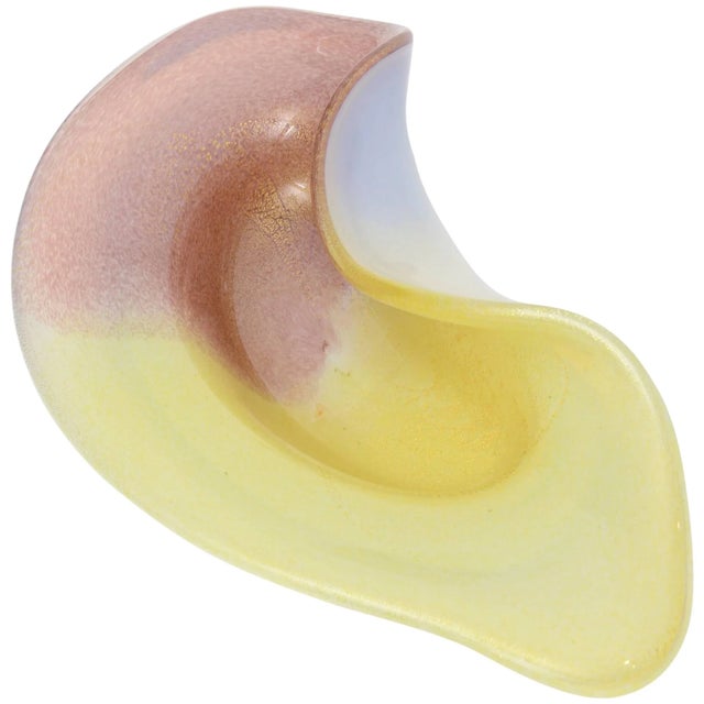 Vintage Murano Seguso Large Sculptural Glass Bowl With Gold Aventurine Purple and Yellow For Sale - Image 11 of 11