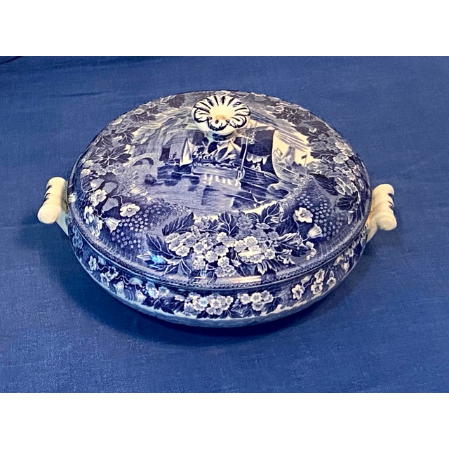 Wedgewood 1933 Ferrara Blue serving dish with lid. Blue transferware English china with ships, buildings, and flowers....
