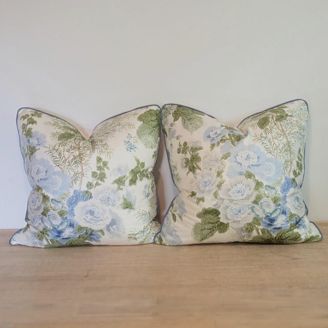 Lee Jofa Lee Jofa Hollyhock Cotton Chintz Pillows in Blue/Leaf - Pair For Sale - Image 4 of 7
