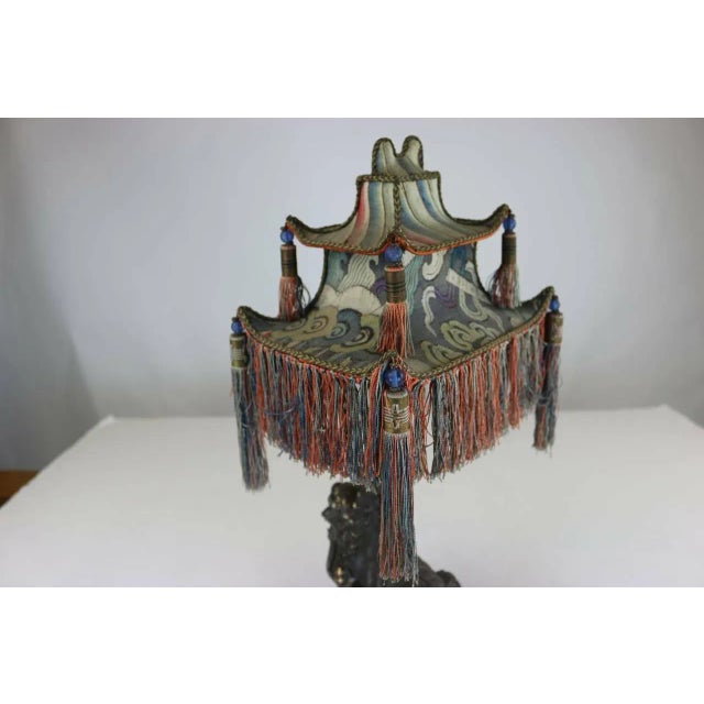 Wood Rare Exotic 1920s Chinoiserie Lamp of Tasseled Pagoda Shade with Foo Dog Base For Sale - Image 7 of 9
