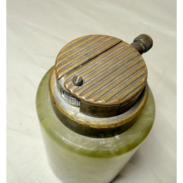 Metal Rare Antique Knapp Carved Green Onyx Stone Bronze Heavy Table Cigar Lighter For Sale - Image 7 of 12