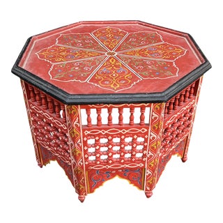 Late 20th Century Moroccan Hand Painted Carved Coffee Table, Multi-Color For Sale