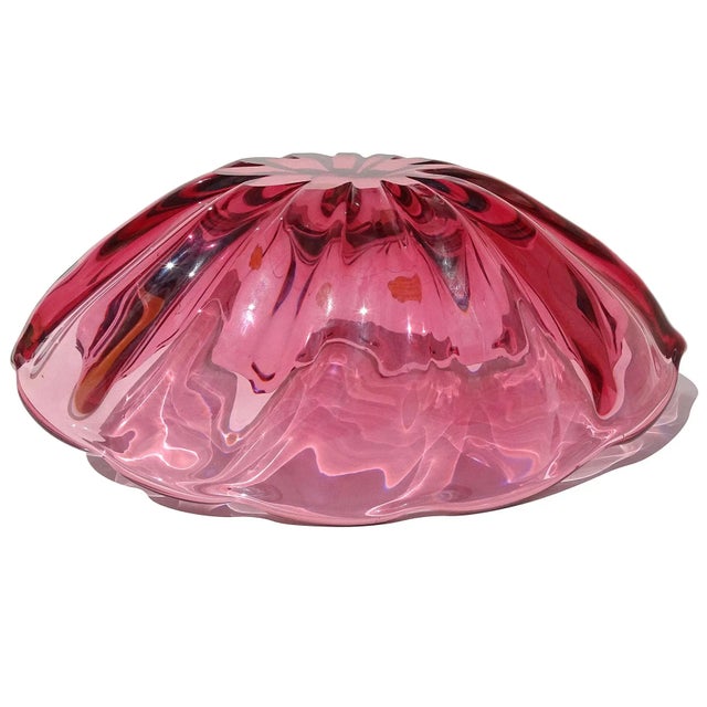 Murano Alfredo Barbini Vintage Sommerso Dark Pink Italian Art Glass Fruit Centerpiece Bowl With Label For Sale In Orlando - Image 6 of 6