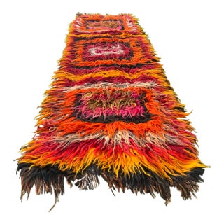 Vintage Turkish Tulu Rug in Orange,Brown,Black,Pink Shag Pile For Sale