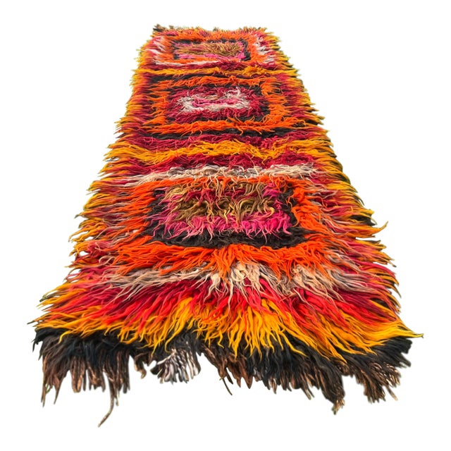 Vintage Turkish Tulu Rug in Orange,Brown,Black,Pink Shag Pile For Sale