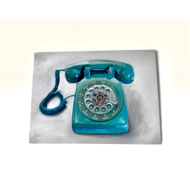 Mid-Century Modern Turquoise Rotary Telephone Still Life Art Print Painting Phone Dial Telephone Oil Board Framed Signed For Sale - Image 18 of 18