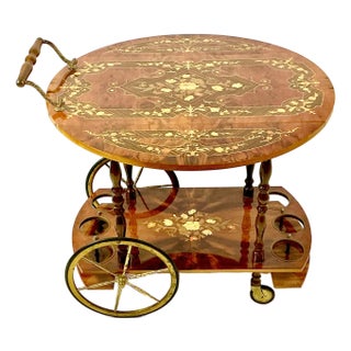 1950s Vintage Italian Hollywood Regency Burl Wood Veneer Bar Cart With Marquetry Inlaid Designs For Sale