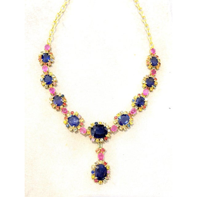 Bochic “Capri” Blue, Multi Sapphire & Ruby Necklace Set 18K Gold & Silver For Sale - Image 4 of 11