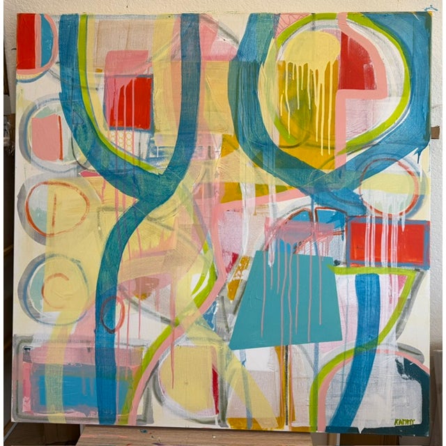 Large Contemporary Abstract Acrylic Painting – Teal, Coral & Yellow Drip Expressionism For Sale - Image 9 of 10