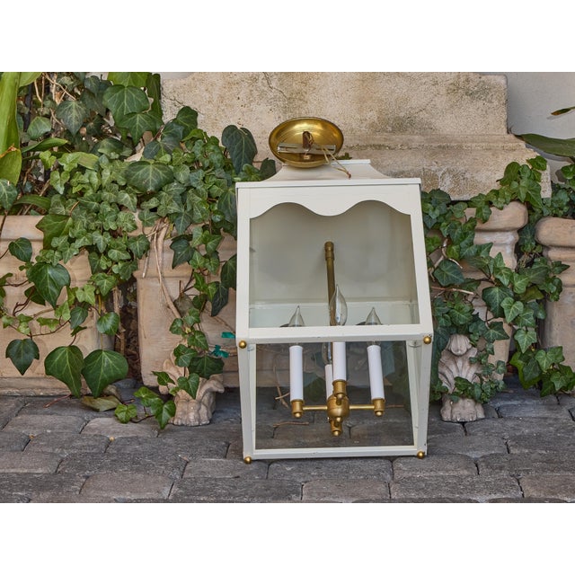 Mid 20th Century White Painted Metal Lantern with Glass Panels and Pagoda Top, USA Wired For Sale In Atlanta - Image 6 of 8