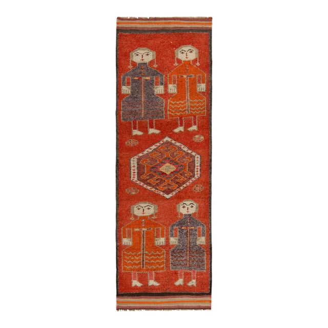 1950s Vintage Tribal Runner in Red and Orange Pictorial Medallions For Sale