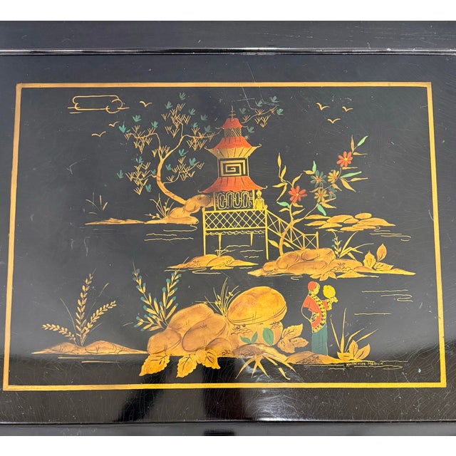 Black Chinoiserie Chinese Black Lacquered Hand Painted Coffee Table For Sale - Image 8 of 9