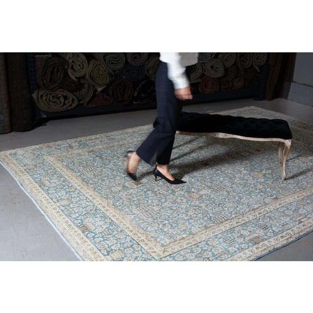 Rustic European Vintage Allover Botanical Large Blue Wool Hand-Knotted Rug - 8’6” X 12’ For Sale - Image 3 of 10