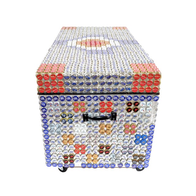 Modern Folk Art Beer Bottle Caps Wood Blanket Chest on Casters For Sale - Image 4 of 13