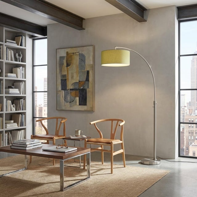 Mid-Century Modern Float Chairside Arc Lamp 75" H - Satin Nickel Body, Avocado Linen Drum Shade, Dimmable, Bulb Included For Sale - Image 3 of 8