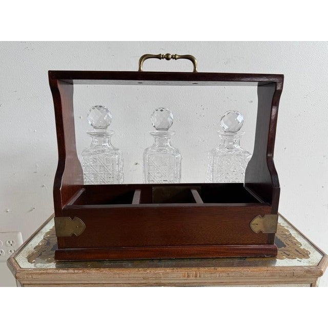 Victorian Victorian Tantalus Decanter Set: Crystal, Oak & Brass Hardware For Sale - Image 3 of 18