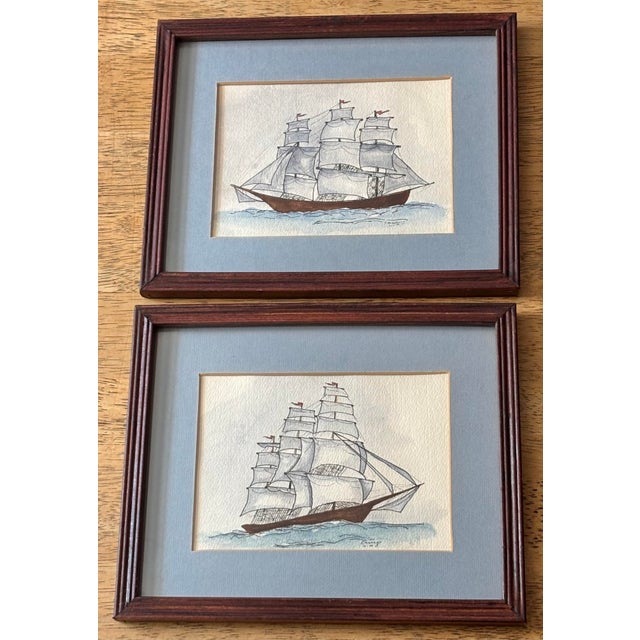 Original 1979 Pair of Nautical Clipper Ship Paintings in Pen, Ink, & Watercolor For Sale - Image 9 of 9