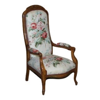 Victorian Hand Carved Walnut Show Framed High Back Armchair in Colefax Fowler For Sale